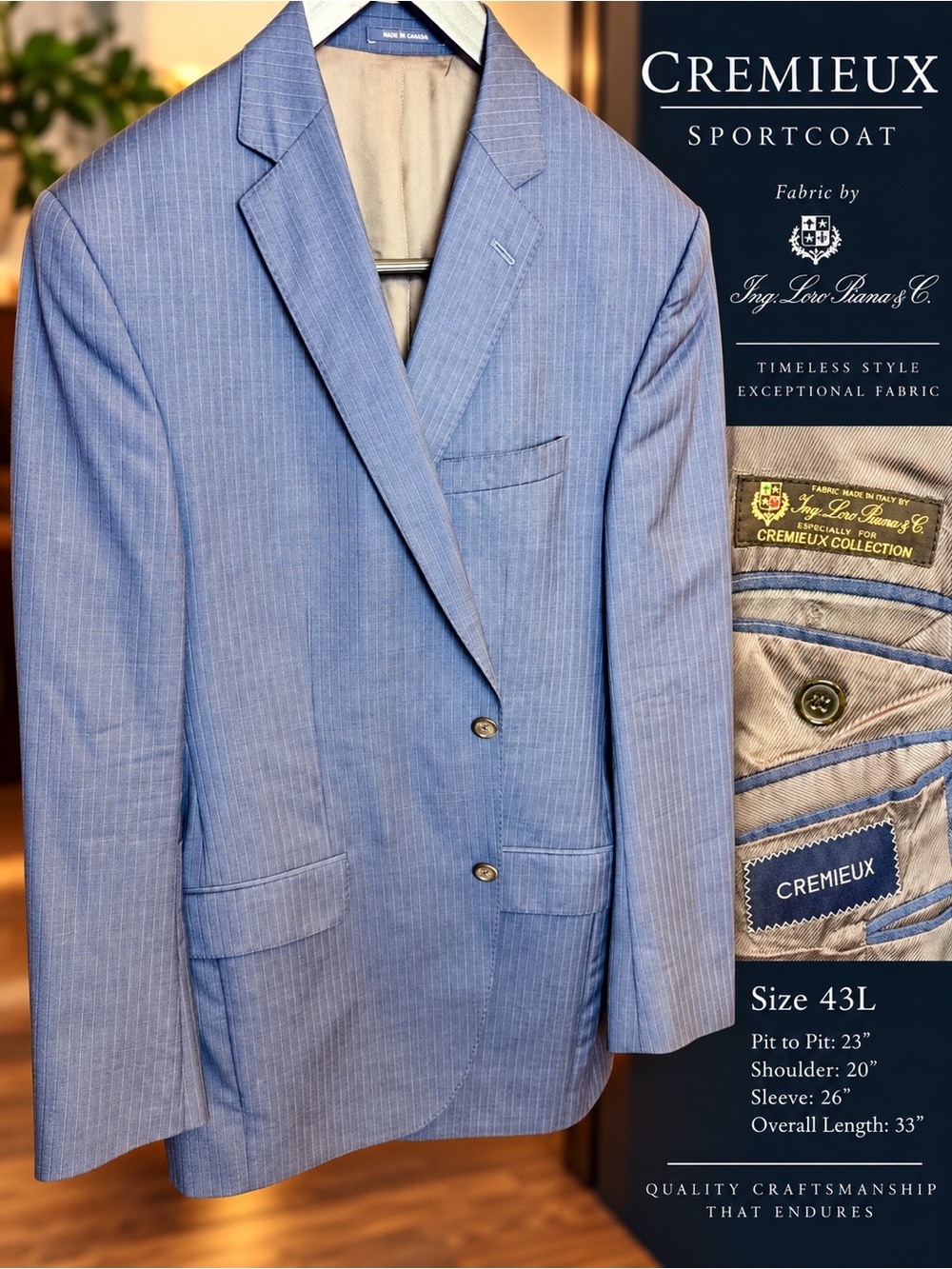 Cremieux Loro Piana Blue Pinstripe Sport Coat (43L)